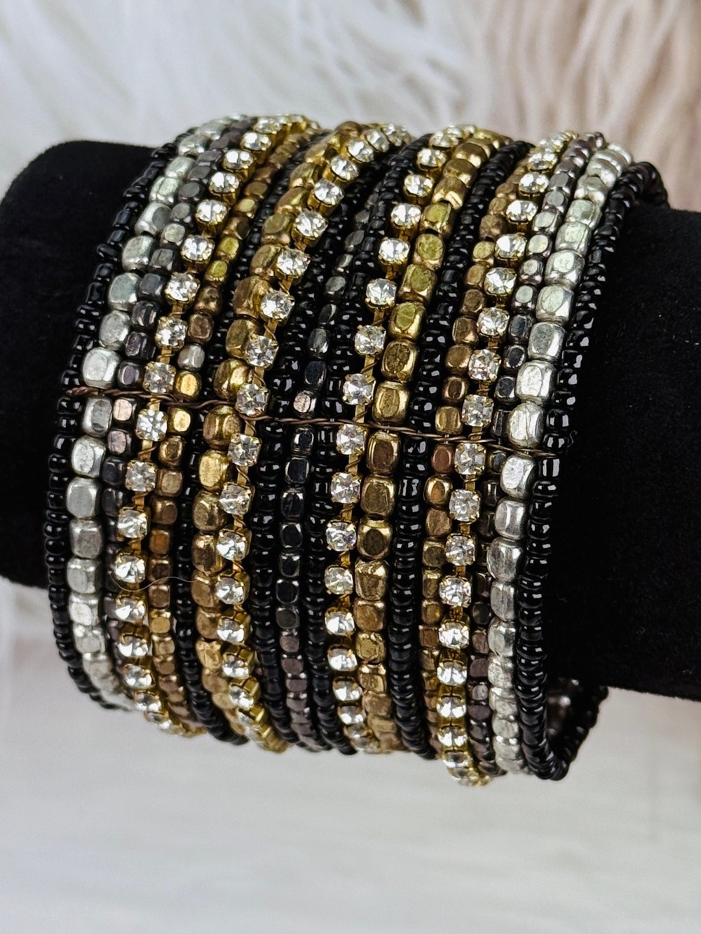 Wide Beaded Cuff Bracelet Rhinestone Mixed Metal Black Statement